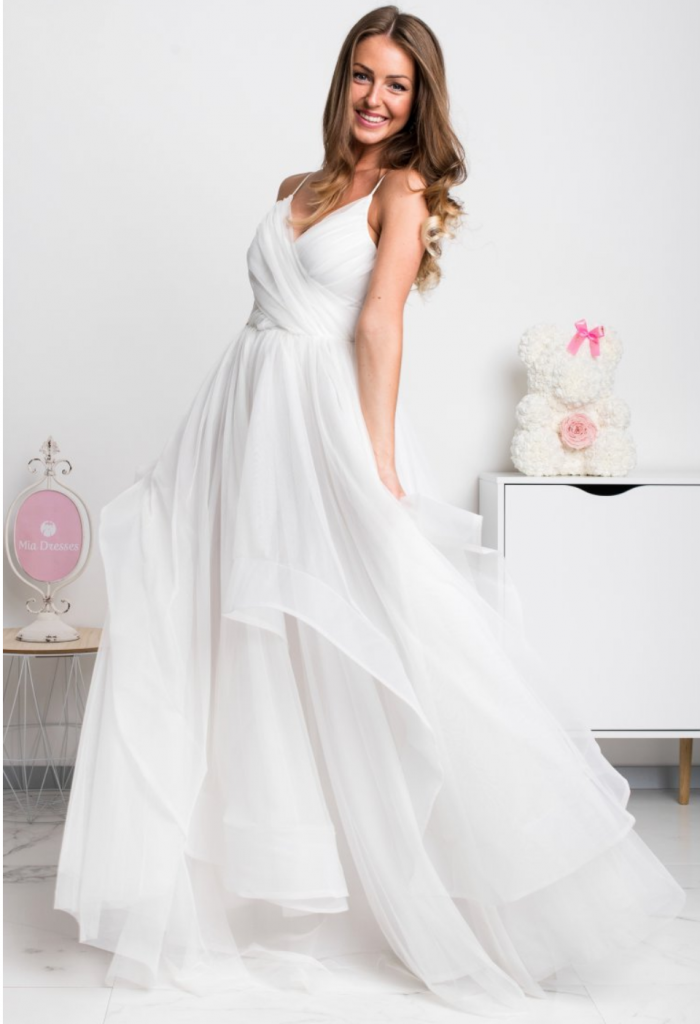 Biele šaty s tylovou sukňou - popolnočné šaty - MiaDresses